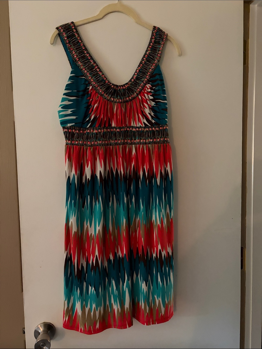 Evan Picone Teal, Red & White Patterned Midi Dress